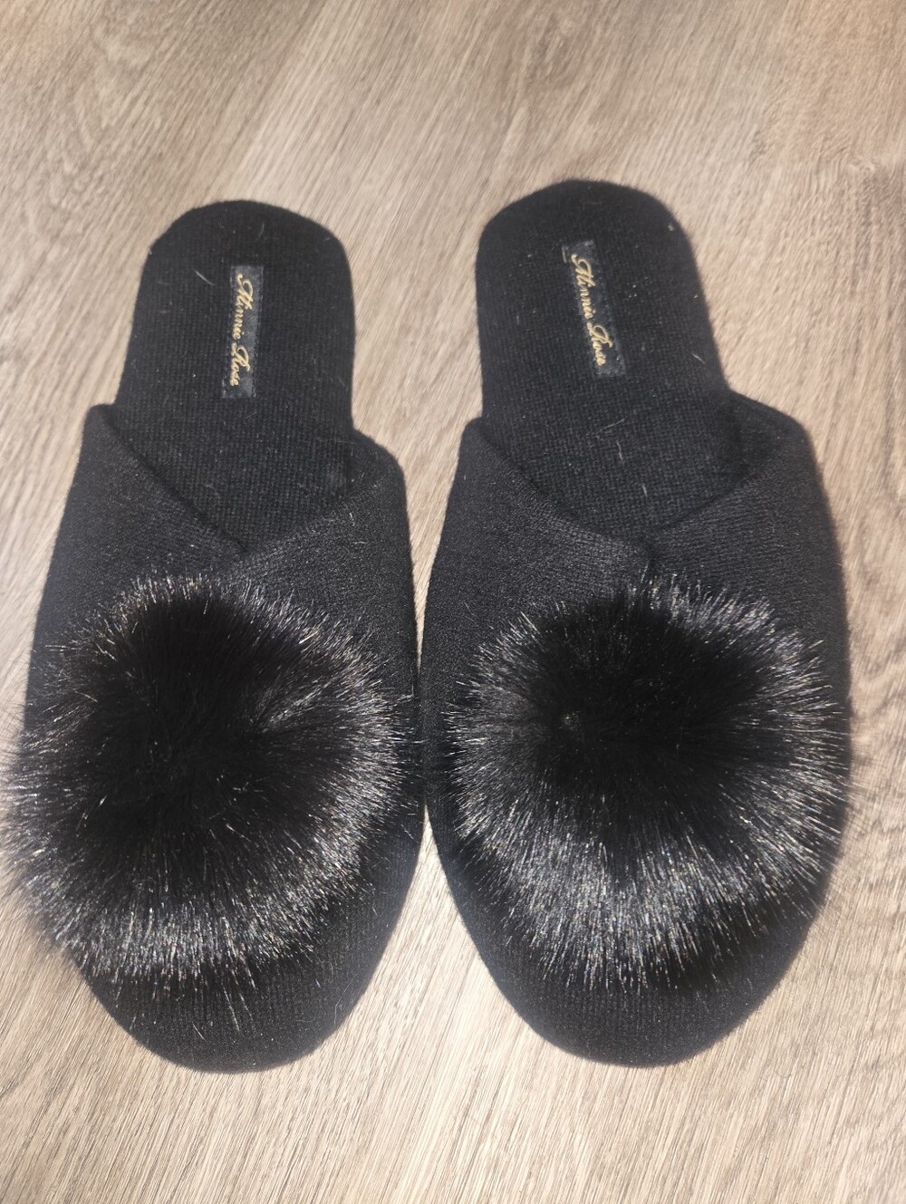 Minnie Rose Black Pom Pom Slip-Ons